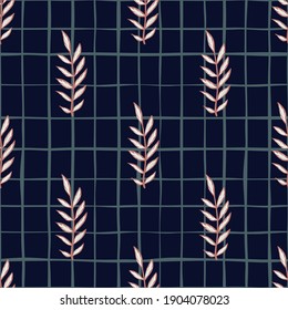 Abstract botanic seamless pattern with doodle vintage beige branches. Navy blue chequered background. Great for fabric design, textile print, wrapping, cover. Vector illustration.