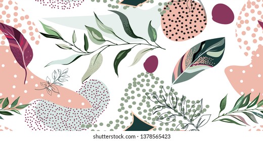 abstract botanic seamless pattern with exotic  leaves, hand drawn background. pattern. Tile with tropical leaf