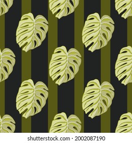 Abstract botanic seamless pattern with green monstera leaves shapes. Striped background. Foliage print. Stock illustration. Vector design for textile, fabric, giftwrap, wallpapers.