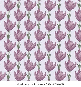 Abstract botanic seamless pattern in hand drawn style with crocus flowers outline ornament. Light blue background. Flat vector print for textile, fabric, giftwrap, wallpapers. Endless illustration.