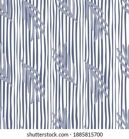 Abstract botanic seamless pattern with light purple doodle rosemary ornament. Striped background. Designed for fabric design, textile print, wrapping, cover. Vector illustration.