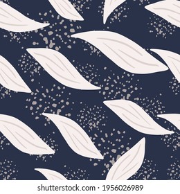 Abstract botanic seamless pattern with light leaf doodle print. Navy blue dark background with splashes. Perfect for fabric design, textile print, wrapping, cover. Vector illustration.