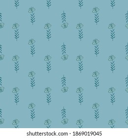 Abstract botanic seamless pattern with little flowers outline ornament. Blue tones nature backdrop. Stock illustration. Vector design for textile, fabric, giftwrap, wallpapers.