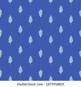 Abstract botanic seamless pattern with little light blue leaves elements. Oak leaf print on blue background. Stock illustration. Vector design for textile, fabric, giftwrap, wallpapers.