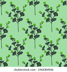 Abstract botanic seamless pattern with navy blue wildflowers shapes. Light green background. Graphic design for wrapping paper and fabric textures. Vector Illustration.
