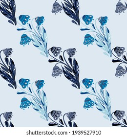 Abstract botanic seamless pattern with pale pastel tones flowers bouquet. Light blue background. Perfect for fabric design, textile print, wrapping, cover. Vector illustration.