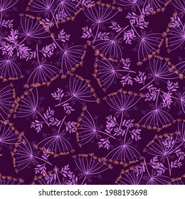 Abstract botanic seamless pattern with random dill umbrella ornament. Purple colored artwork. Graphic design for wrapping paper and fabric textures. Vector Illustration.