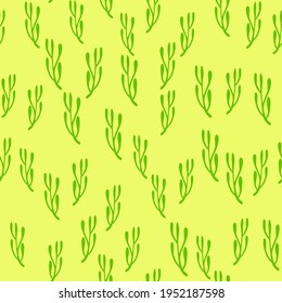 Abstract botanic seamless summer pattern with green random little branches shapes. Yellow background. Great for fabric design, textile print, wrapping, cover. Vector illustration.