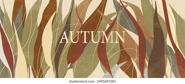 Abstract botanical art background with leaves in autumn colors with watercolor texture. Hand drawn vector banner for decor, print, textile, packaging, poster, wallpaper.