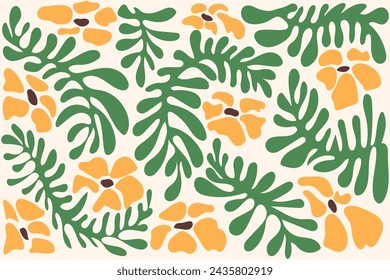 Abstract botanical art background. Natural hand drawn pattern design with colorful flowers. Simple contemporary style illustrated Design for fabric, print, cover, banner, wallpaper.