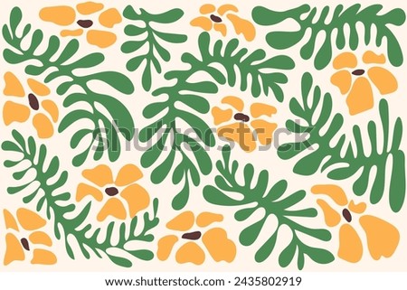 Abstract botanical art background. Natural hand drawn pattern design with colorful flowers. Simple contemporary style illustrated Design for fabric, print, cover, banner, wallpaper.
