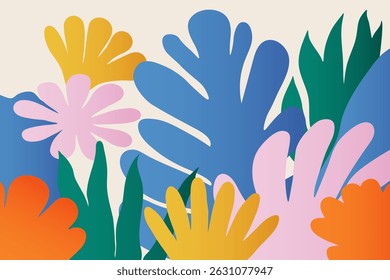 Abstract botanical art background. Simple design with hand leaves and flowers. Contemporary colorful backdrop in naive style.