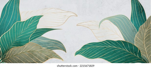 Abstract botanical art background with tropical palm leaves in golden line style. Banner with exotic plants in a watercolor style for decoration, print, wallpaper, textile, print, fabric.