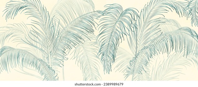 Abstract botanical art background with tropical plants hand drawn in line style. Tropical banner for decoration, print, textile, interior design, wallpaper, packaging.