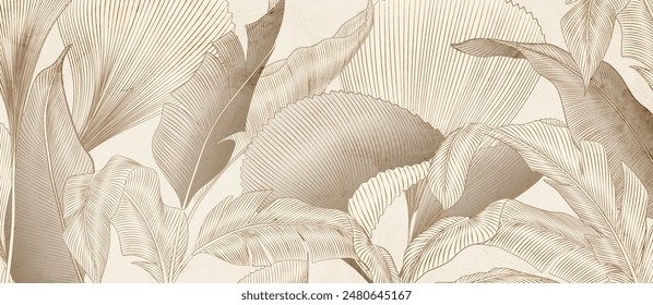 Abstract botanical art background with tropical leaves in line style in brown and beige colors. Luxury banner with exotic plants for decoration, print, wallpaper, textile, packaging.