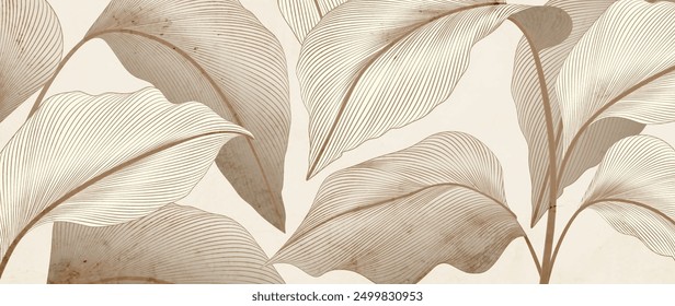 Abstract botanical art background with tropical leaves in hand drawn line style. Modern style plant banner for decor, print, postcard, wallpaper, cover, interior, packaging.