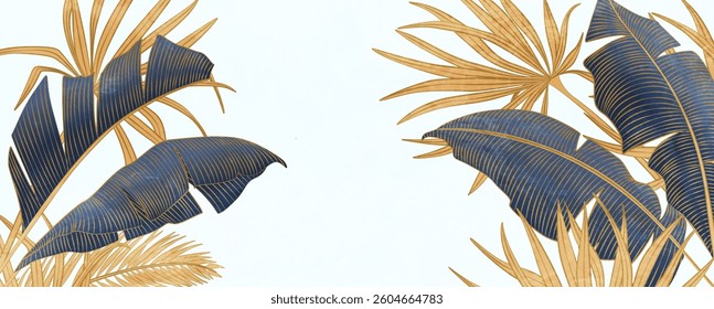 Abstract botanical art background with tropical palm leaves with line elements. Vector plant banner for decor, wallpaper, print, textile, poster, packaging, interior design.
