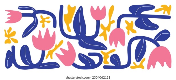Abstract botanical art background vector. Natural hand drawn pattern design with coral, tulip flower, leaves. Simple contemporary style illustrated Design for fabric, print, cover, banner, wallpaper.