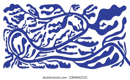 Abstract botanical art background vector. Natural hand drawn pattern design with blue leaves, branches. Simple contemporary style illustrated Design for fabric, print, cover, banner, wallpaper.