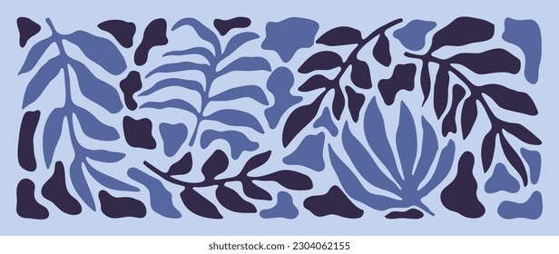 Abstract botanical art background vector. Natural hand drawn pattern design with blue leaves, branches. Simple contemporary style illustrated Design for fabric, print, cover, banner, wallpaper.