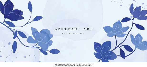 Abstract botanical art background vector. Watercolor hand drawn leaf branches, flower, indigo, blue. Design illustration for wallpaper, banner, print, poster, cover, greeting and invitation card.