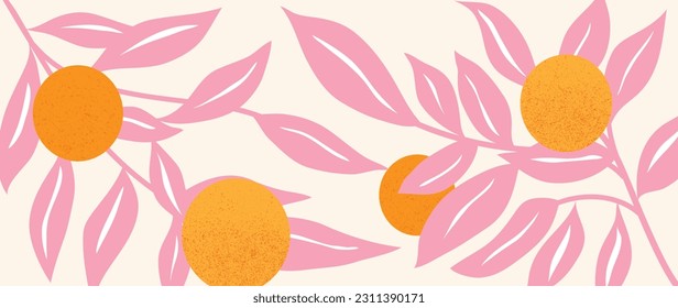 Abstract botanical art background vector. Natural hand drawn pattern design with flowers, leaves, branches. Simple contemporary style illustrated Design for fabric, print, cover, banner, wallpaper.