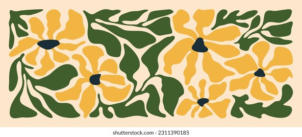 Resumen del vector de fondo del arte botánico. Diseño de patrones naturales dibujados a mano con flores, hojas, ramas. Estilo contemporáneo simple ilustrado Diseño para tela, impresión, cubierta, banner, papel pintado.