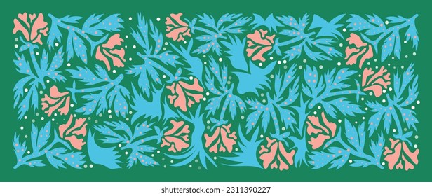 Abstract botanical art background vector. Natural hand drawn pattern design with flowers, leaves, branches. Simple contemporary style illustrated Design for fabric, print, cover, banner, wallpaper.
