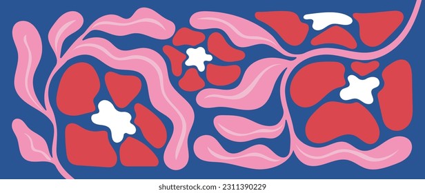 Abstract botanical art background vector. Natural hand drawn pattern design with flowers, leaves, branches. Simple contemporary style illustrated Design for fabric, print, cover, banner, wallpaper.