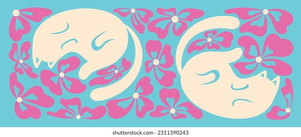 Abstract botanical art background vector. Natural hand drawn pattern design with cat, flower. Simple contemporary style illustrated Design for fabric, print, cover, banner, wallpaper.