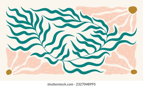 Abstract botanical art background vector. Natural hand drawn pattern design with flowers, leaves, branches. Simple contemporary style illustrated Design for fabric, print, cover, banner, wallpaper.