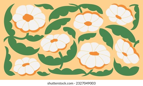 Abstract botanical art background vector. Natural hand drawn pattern design with flowers, leaves, branches. Simple contemporary style illustrated Design for fabric, print, cover, banner, wallpaper.