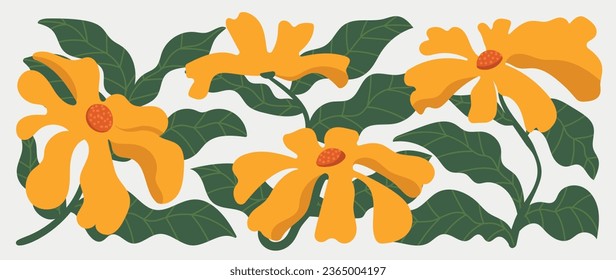 Abstract botanical art background vector. Natural hand drawn pattern design with leaves branch, flower. Simple contemporary style illustrated Design for fabric, print, cover, banner, wallpaper.