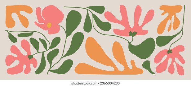 Abstract botanical art background vector. Natural hand drawn pattern design with leaves branch, flower. Simple contemporary style illustrated Design for fabric, print, cover, banner, wallpaper.