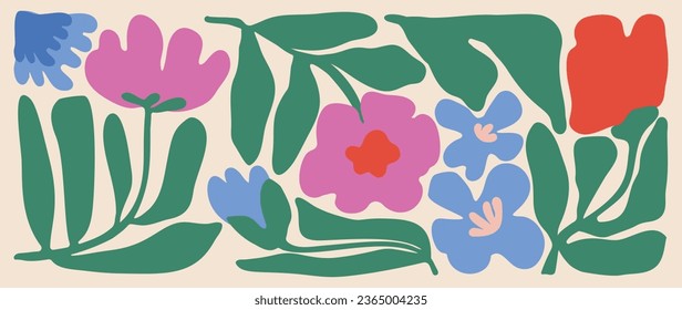 Resumen del vector de fondo del arte botánico. Diseño de patrones naturales dibujados a mano con rama de hojas, flor. Estilo contemporáneo simple ilustrado Diseño para tela, impresión, cubierta, banner, papel pintado.