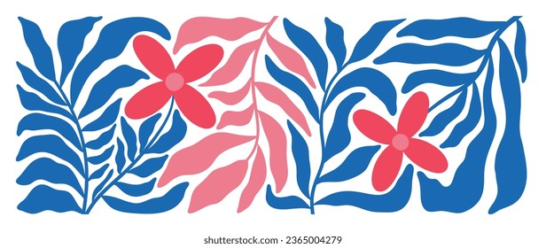 Abstract botanical art background vector. Natural hand drawn pattern design with leaves branch, flower. Simple contemporary style illustrated Design for fabric, print, cover, banner, wallpaper.