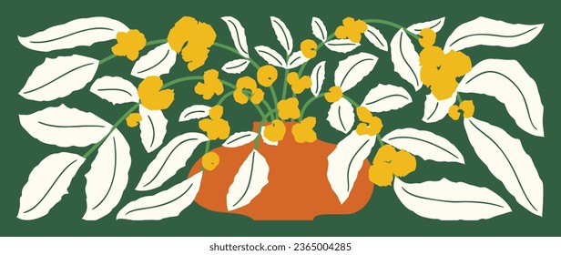 Abstract botanical art background vector. Natural hand drawn pattern design with leaves branch, flower, vase. Simple contemporary style illustrated Design for fabric, print, cover, banner, wallpaper.