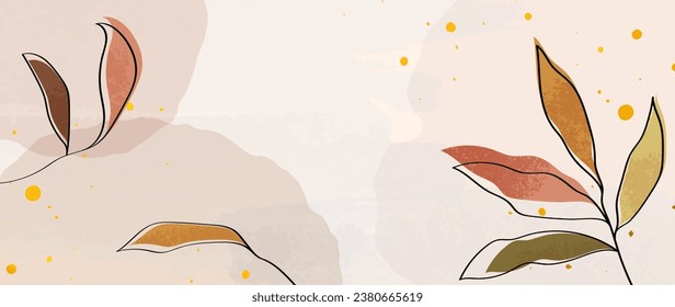 Abstrakter botanischer Kunsthintergrund, Vektorgrafik. Luxuriöse Tapete im minimalistischen Stil mit goldenem linearem Blattwerk, Aquarellstruktur. Vektorhintergrund für Banner, Poster, Druck, Dekoration.	
