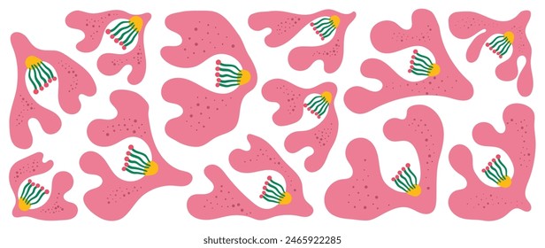 Vektorgrafik des Abstrakten botanischen Kunsthintergrunds. Natürliches handgezeichnetes Muster-Design mit rosa Blumen. Schlichter zeitgenössischer Stil illustriert Design für Stoff, Druck, Bezug, Banner, Bildschirmhintergrund.