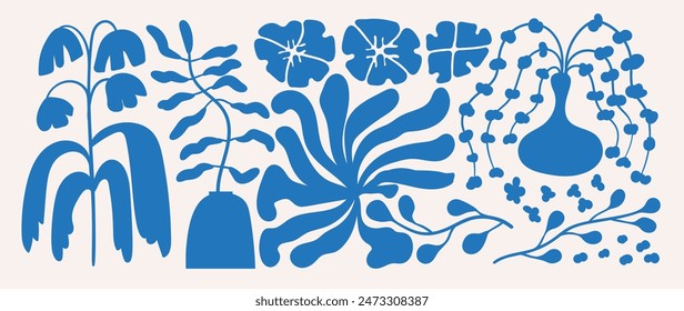 Abstractas Vector de fondo de arte botánico. Diseño de patrón dibujado a mano natural con flor azul, hojas, ramas. Diseño ilustrado contemporáneo simple para la tela, impresión, cubierta, Anuncio, Fondo de pantalla.