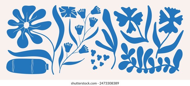 Abstractas Vector de fondo de arte botánico. Diseño de patrón dibujado a mano natural con flor azul, hojas, ramas. Diseño ilustrado contemporáneo simple para la tela, impresión, cubierta, Anuncio, Fondo de pantalla.