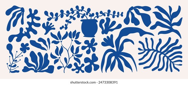 Abstract botanical art background vector. Natural hand drawn pattern design with blue flower, leaves, branches. Simple contemporary illustrated Design for fabric, print, cover, banner, wallpaper.