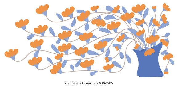 Abstract botanical art background vector. Natural hand drawn pattern design with flower, leaves branch, vase. Simple contemporary illustrated Design for fabric, print, cover, banner, wallpaper.