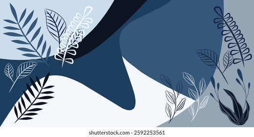 Abstract botanical art background vector. Natural hand drawn pattern design with leaves branch, flower. Simple contemporary style illustrated Design for fabric, print, cover, banner, wallpaper.