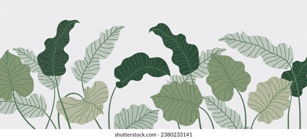 Abstract botanical art background. Wallpaper with tropical plants with foliage, palms, leaves, monstera in hand drawn pattern with stones texture. Green botanical design for cover, prints, wall art	
