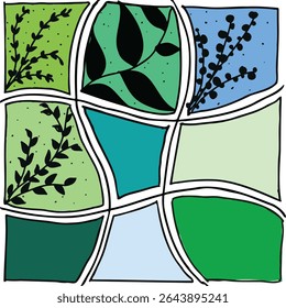 Abstract botanical art with curved blocks of green and blue shades, decorated with hand-drawn plant silhouettes. A creative and colorful natural background design.
