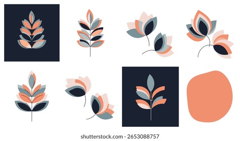 Arte Botânica abstrata com motivos florais e folhas em tons terrosos para decoração moderna