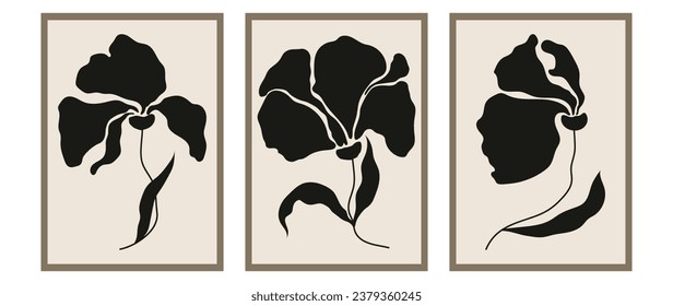 Abstract botanical art inspired by Matisse. Plants, flowers and leaves in hand drawn style. Modern minimalist illustration design for wall art, decoration, print, wallpaper.	