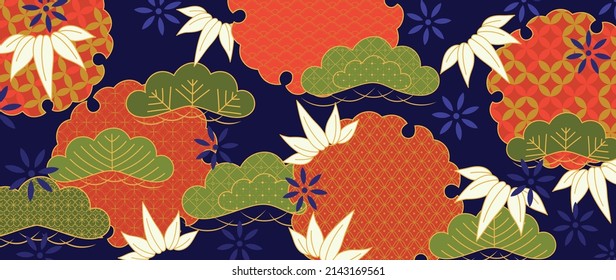 Abstract botanical art in oriental style background. Elegant floral wallpaper with flowers, bush, and tree in Japanese hand drawn pattern. Suitable for cover, banner, decoration, poster, fabric.