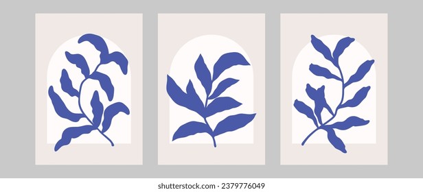 Abstract botanical art vector. A set of pictures with a simple pattern of leaves, twigs, twigs on the background of an arch. Modern design for paintings, wall decor, print, cover, banner, wallpaper.	